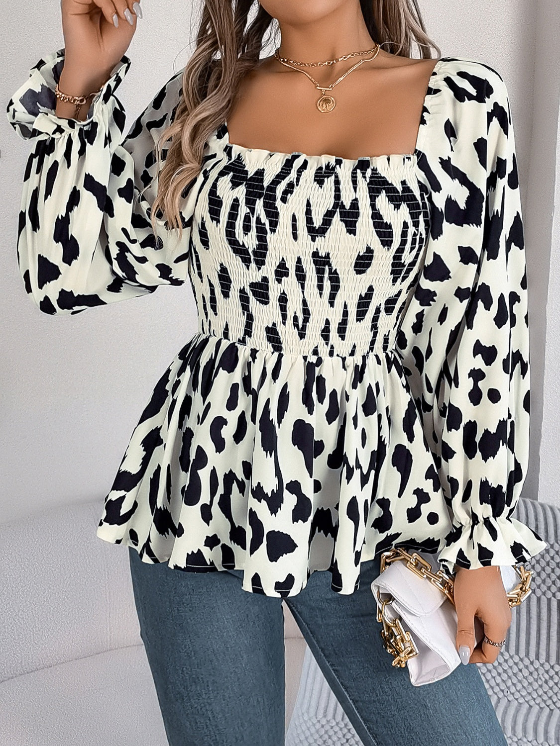 Square Neck Flounce Sleeve Blouse