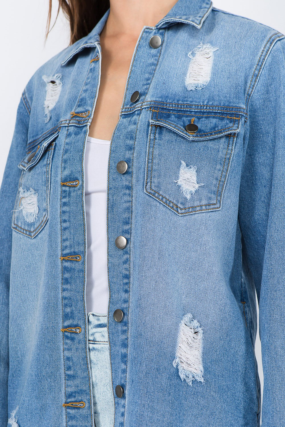 Women's Distressed Denim Jacket with Frayed Hem