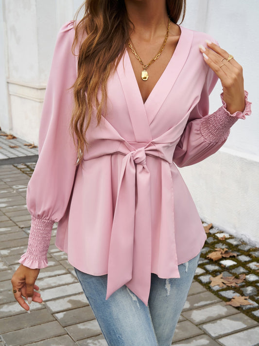 Smocked Surplice Long Sleeve Blouse Dusty Pink