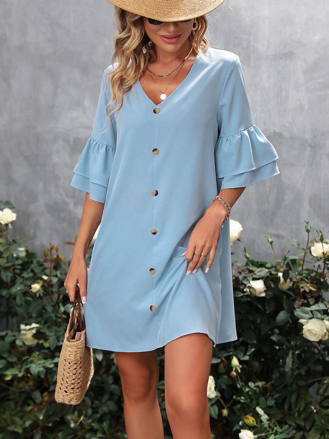 Ruffled V-Neck Mini Dress