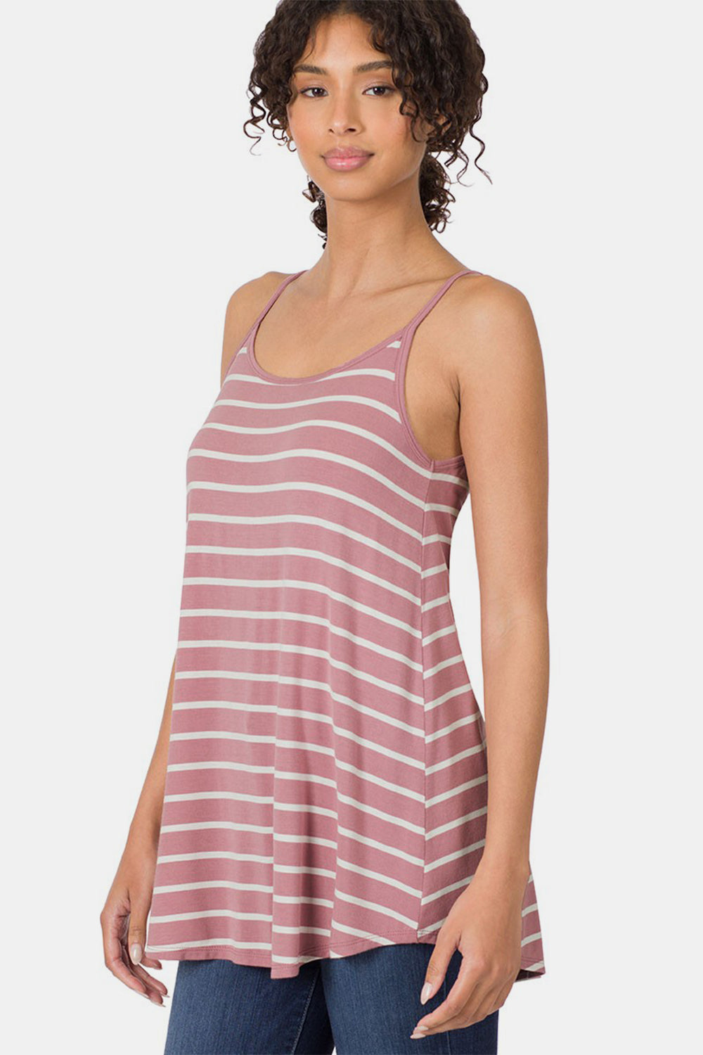 Zenana Striped Curved Hem Cami LT ROSE IVORY