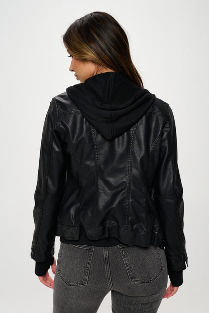 Women's Vegan Leather Double Zip Hooded Jacket