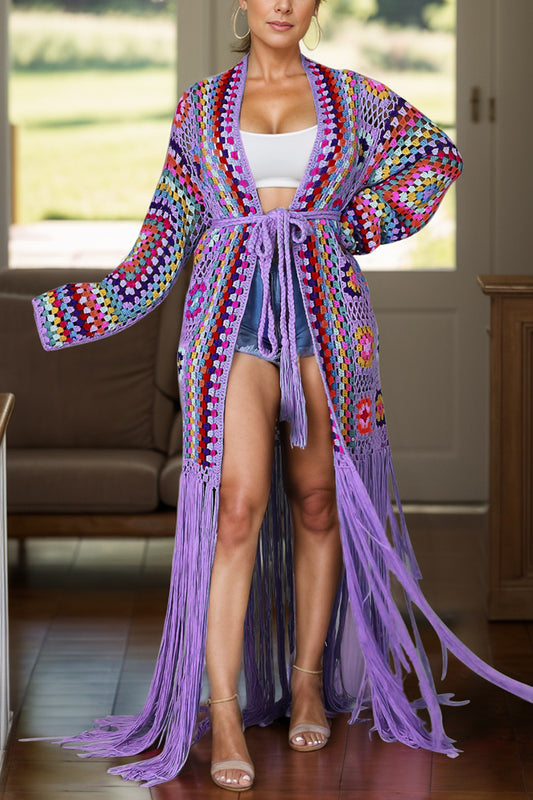 Fringe Tied Long Sleeve Cardigan Lilac