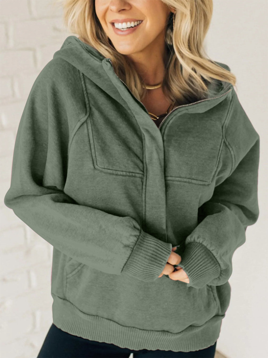 Half Zip Kangaroo Pocket Long Sleeve Hoodie Moss