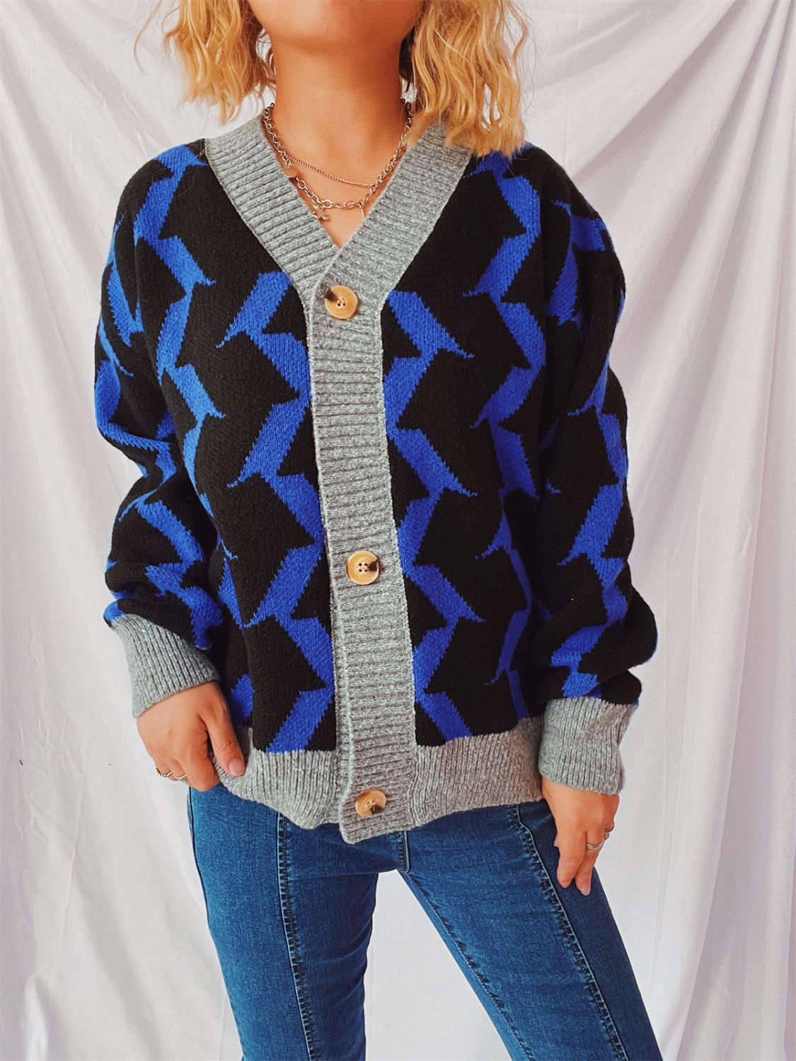 Contrast Trim Geometric V-Neck Long Sleeve Cardigan Royal Blue One Size