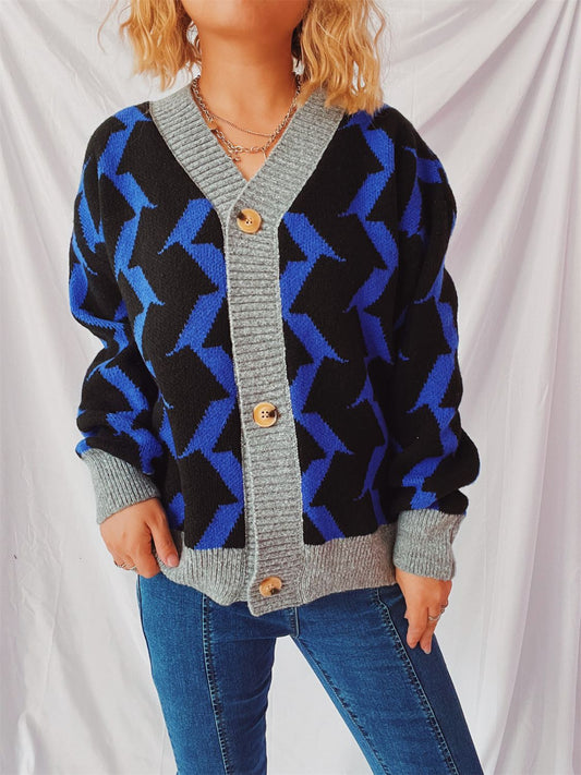 Contrast Trim Geometric V-Neck Long Sleeve Cardigan Royal Blue One Size