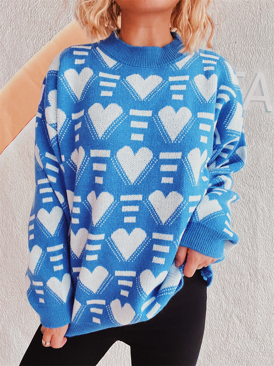 Heart Contrast Long Sleeve Dropped Shoulder Sweater