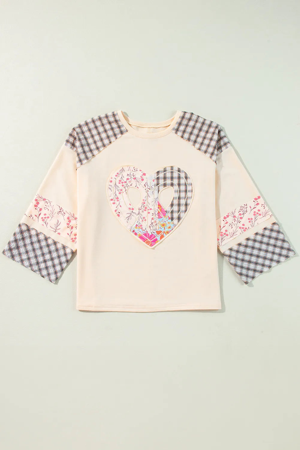 Heart Plaid Round Neck Long Sleeve Blouse