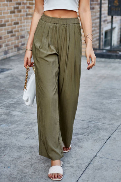 Elastic Waist Wide Leg Pants Moss