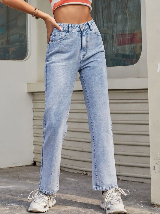 High Waist Straight Jeans with Pockets Light