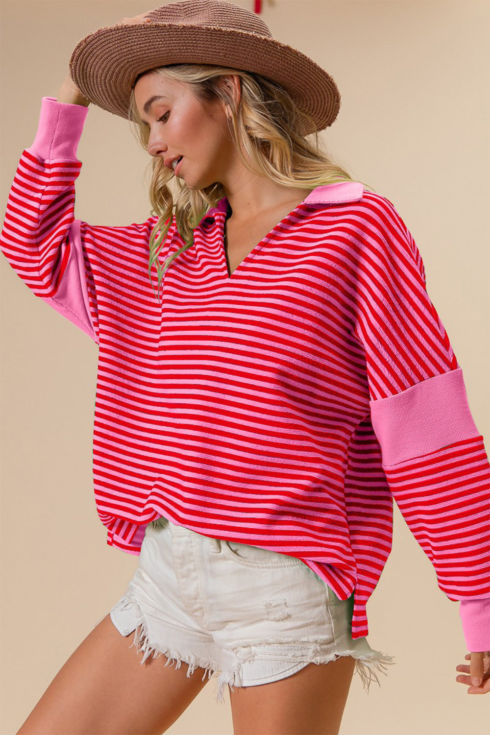 Striped Contrast Knit Top Pink