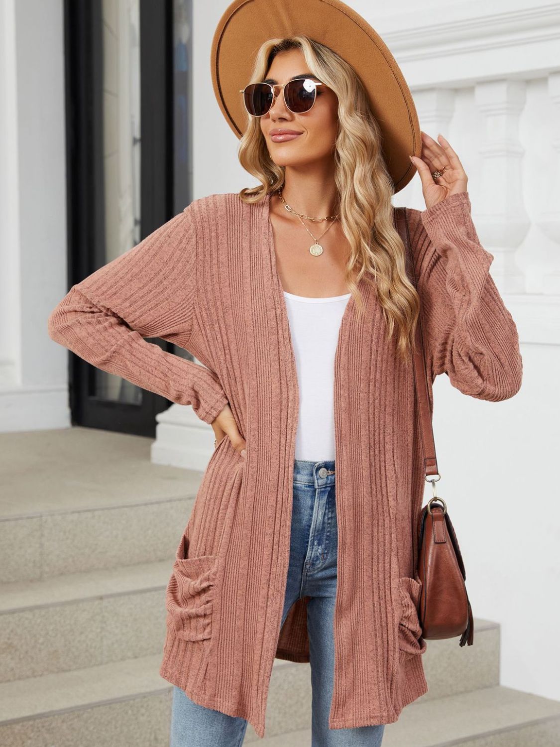 Pocketed Open Front Long Sleeve Cardigan