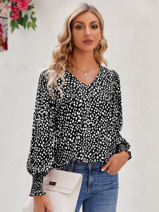 Printed V-Neck Lantern Sleeve Blouse Black