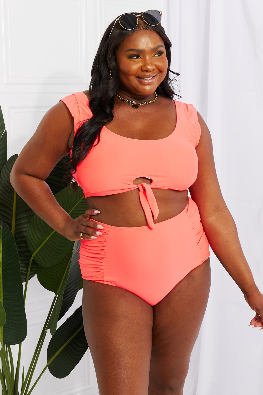 Coral Ruffle High-Waisted Crop Bikini Set