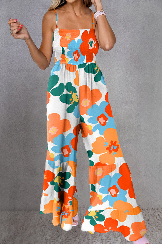 Printed Smocked Spaghetti Strap Jumpsuit Floral