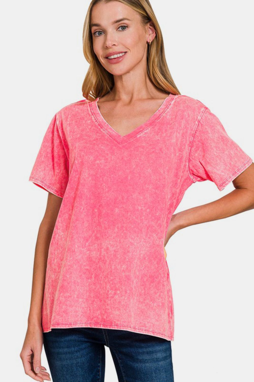 Zenana Full Size Washed Short Sleeve V-Neck T-Shirt Strawberry