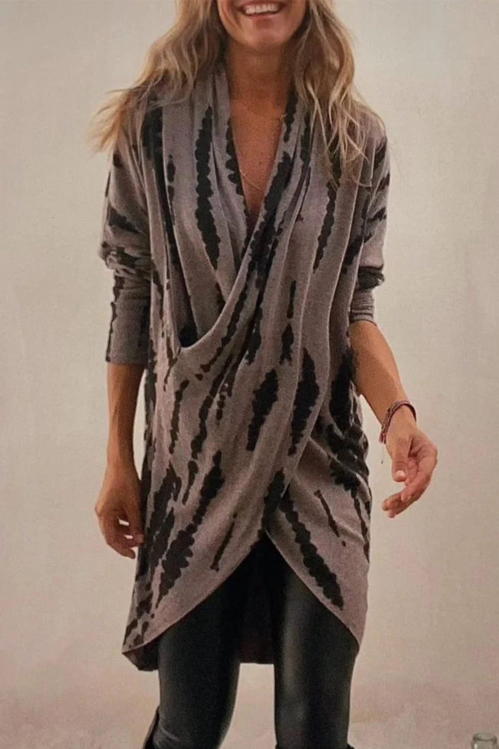 Full Size Contrast Long Sleeve Longline Top Taupe