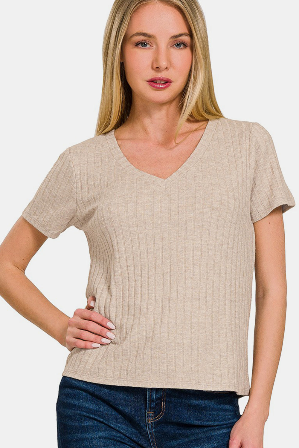 Zenana Ribbed Short Sleeve T-Shirt Ash Mocha