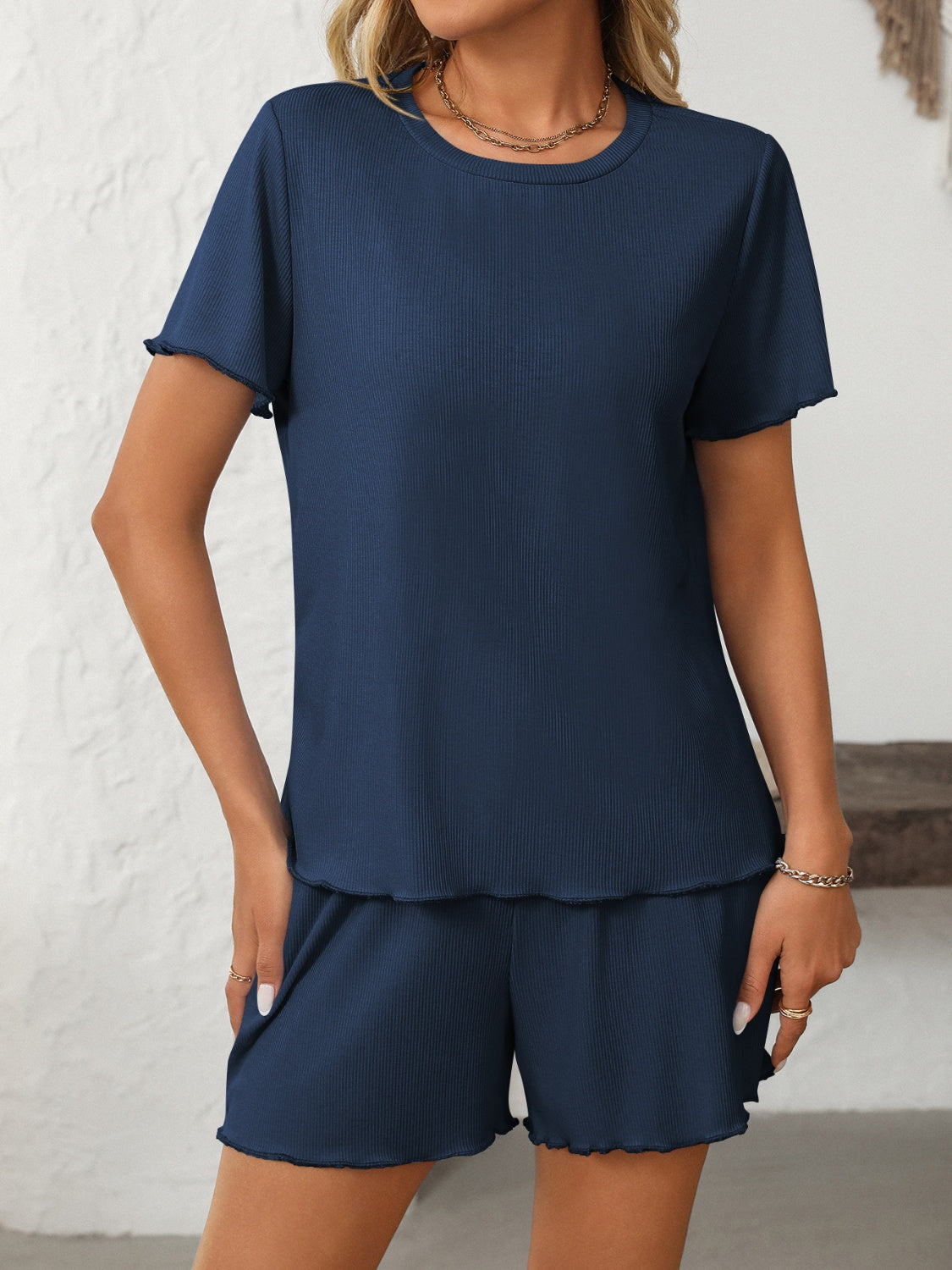 Mandy Round Neck Short Sleeve Top and Shorts Set Dark Blue