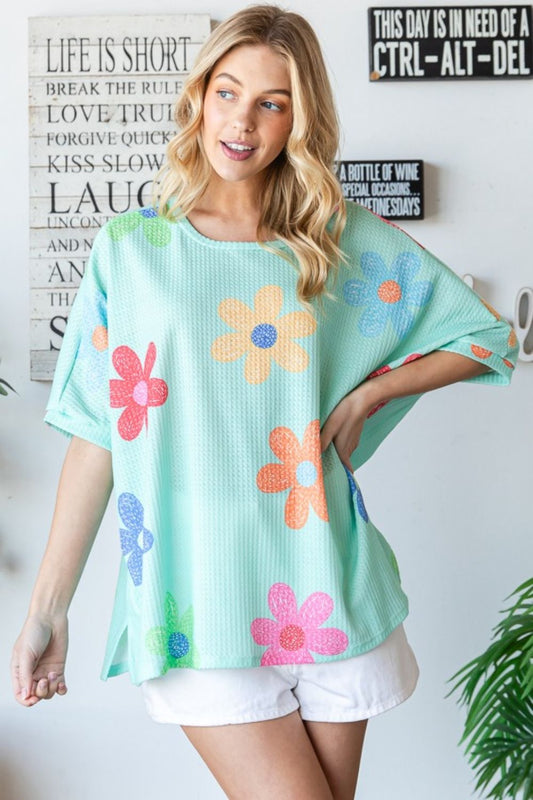 HOPELY Floral Waffle Oversize T-Shirt Neon Green