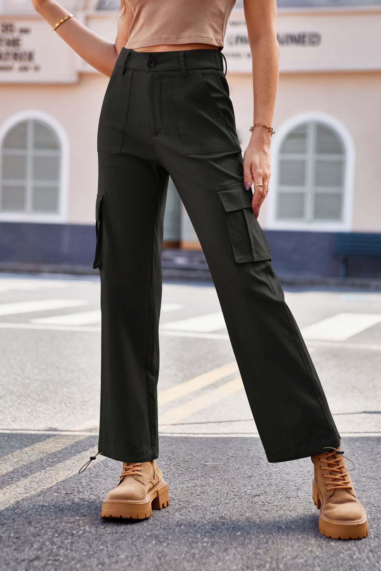 Drawstring Pants with Pockets Black