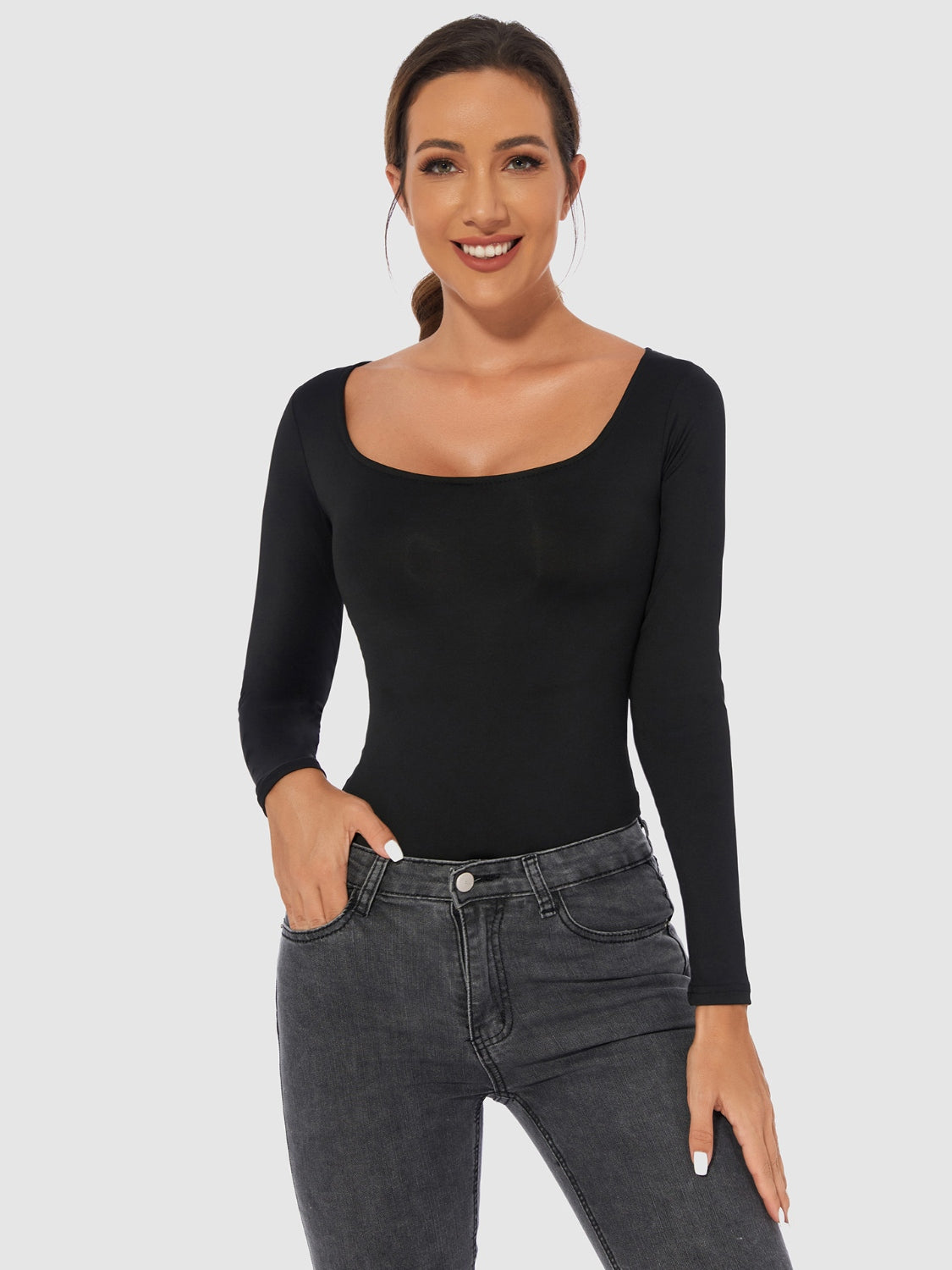 Full Size Scoop Neck Long Sleeve Bodysuit Black