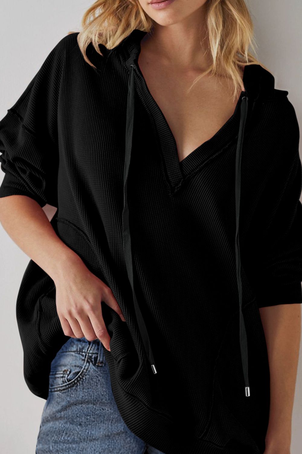 Exposed Seam Drawstring Long Sleeve Hoodie Black