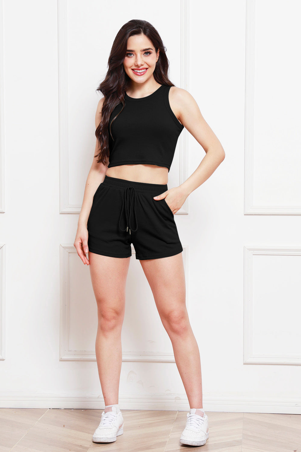 Round Neck Tank and Drawstring Shorts Set Black