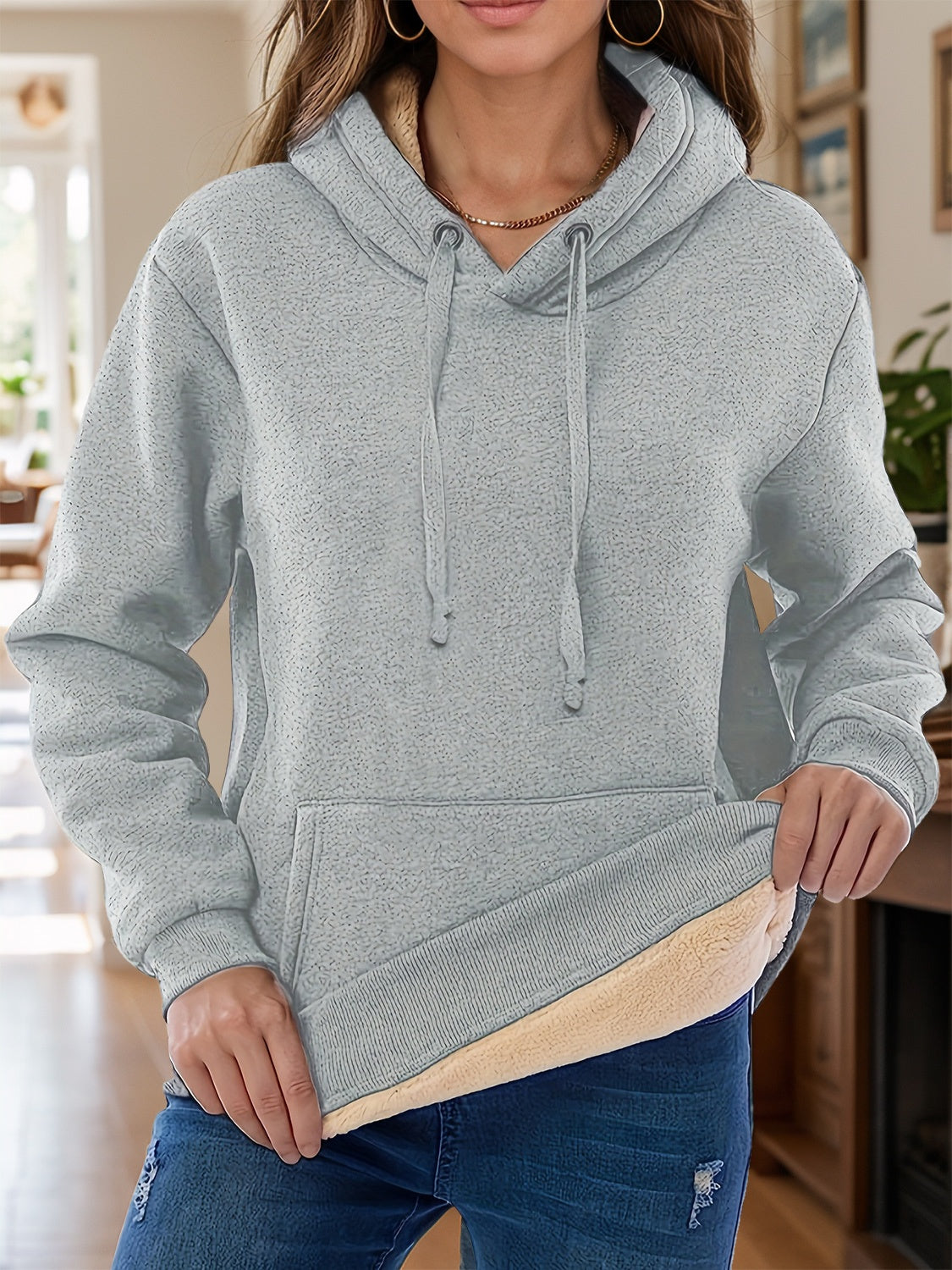 Drawstring Long Sleeve Hoodie with Kangaroo Pocket Light Gray