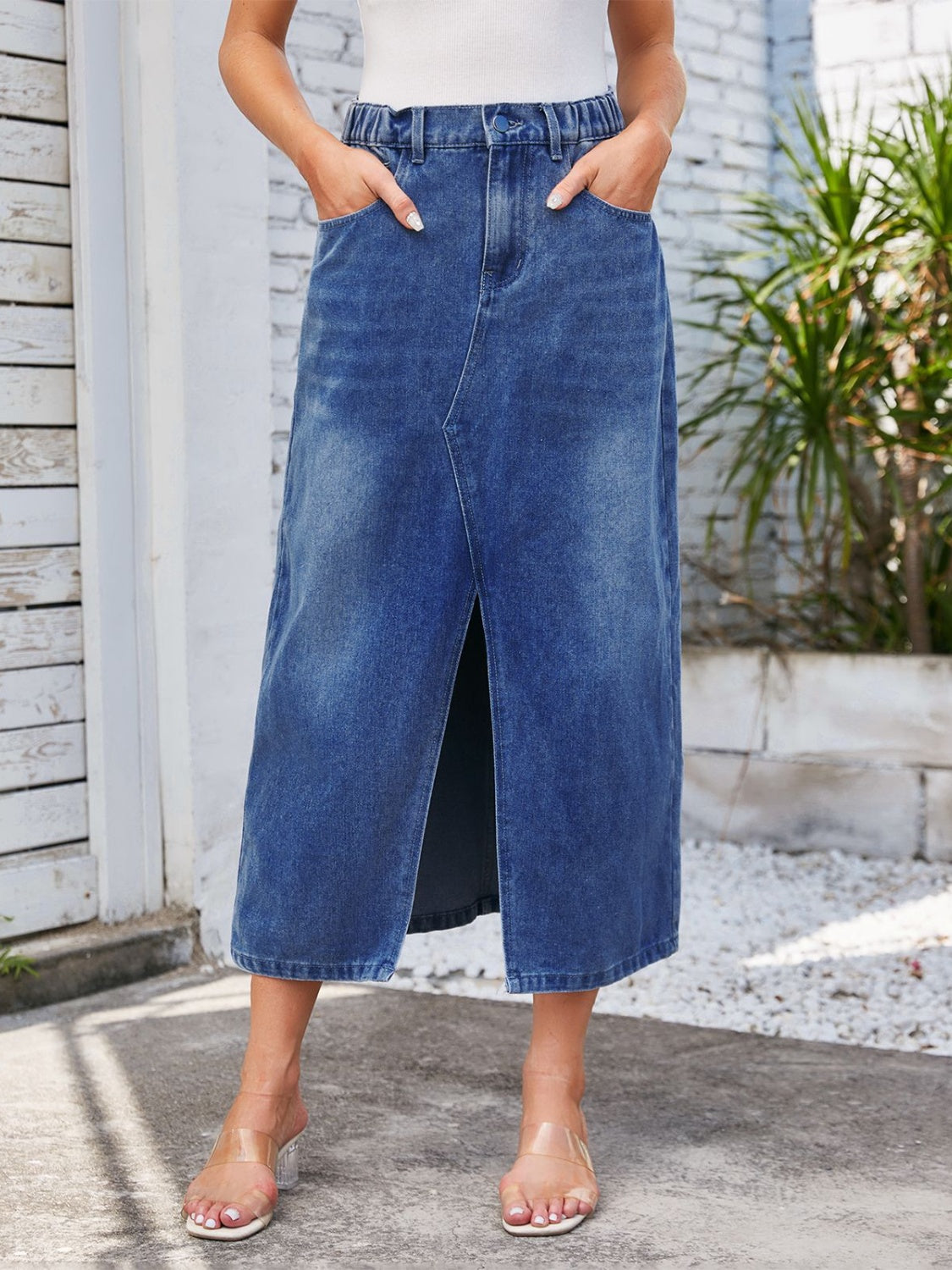 Slit Midi Denim Skirt with Pockets Dusty Blue