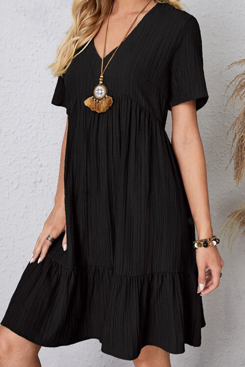 Ruched V-Neck Summer Dress Black