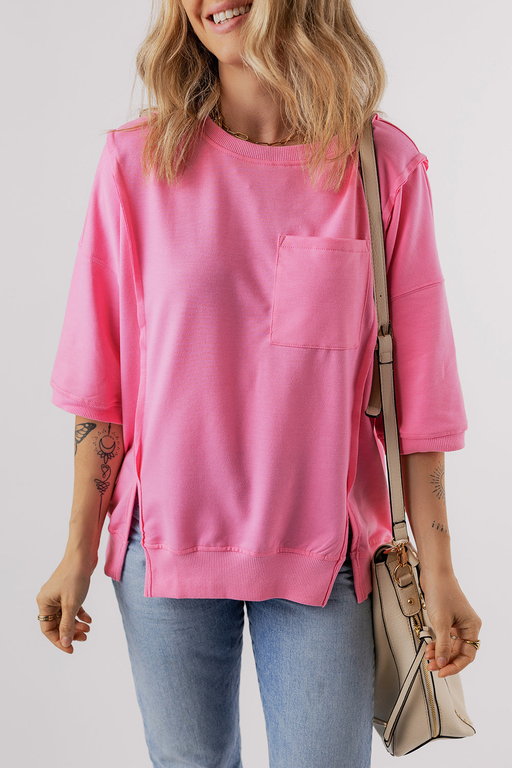 Round Neck Half Sleeve Slit T-Shirt Pink