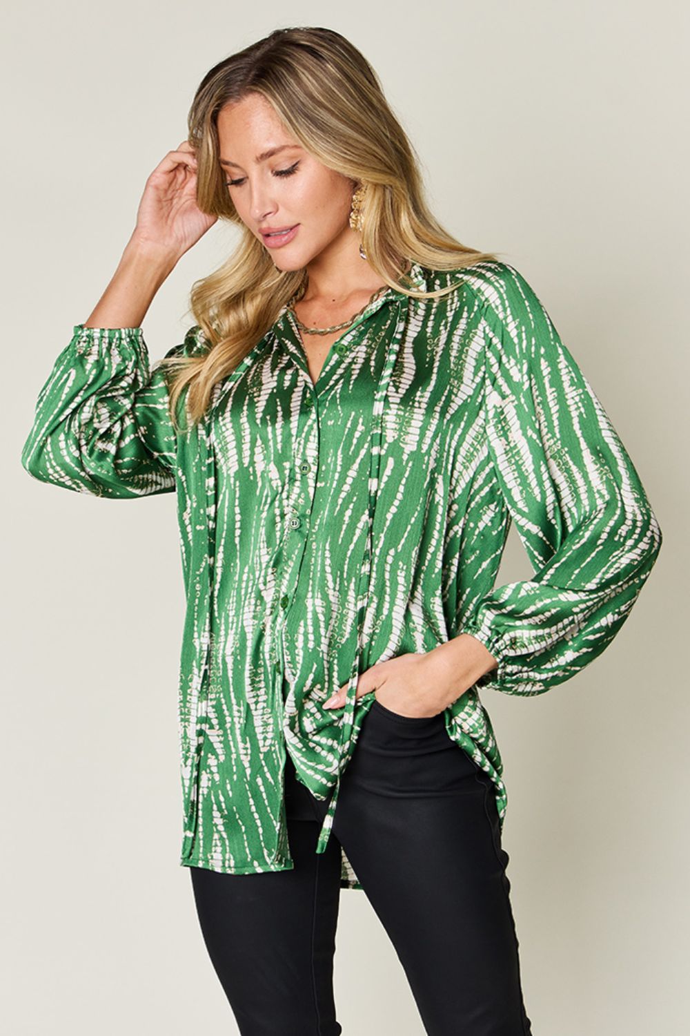 Opaque Printed Button-Up Long Sleeve Shirt