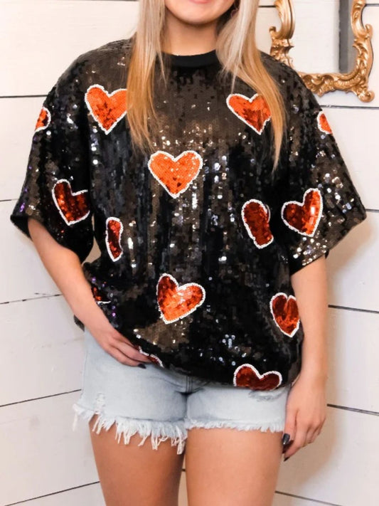 Valentine’s Day Sequin Heart Round Neck Half Sleeve Top Black