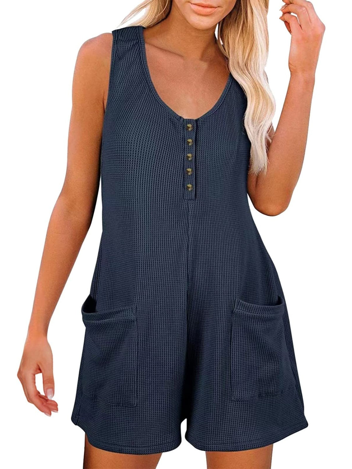 Button Front Sleeveless Romper with Pockets