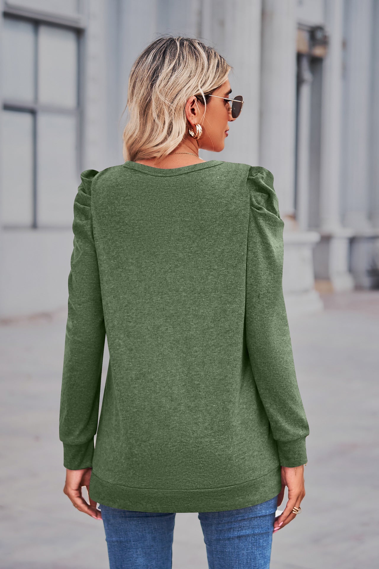 Heathered Puff Sleeve Round Neck Tunic Top