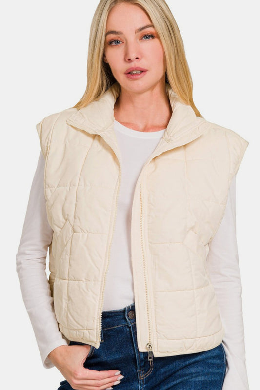 Zenana Zip Up Cropped Puffer Vest with Pockets Cream