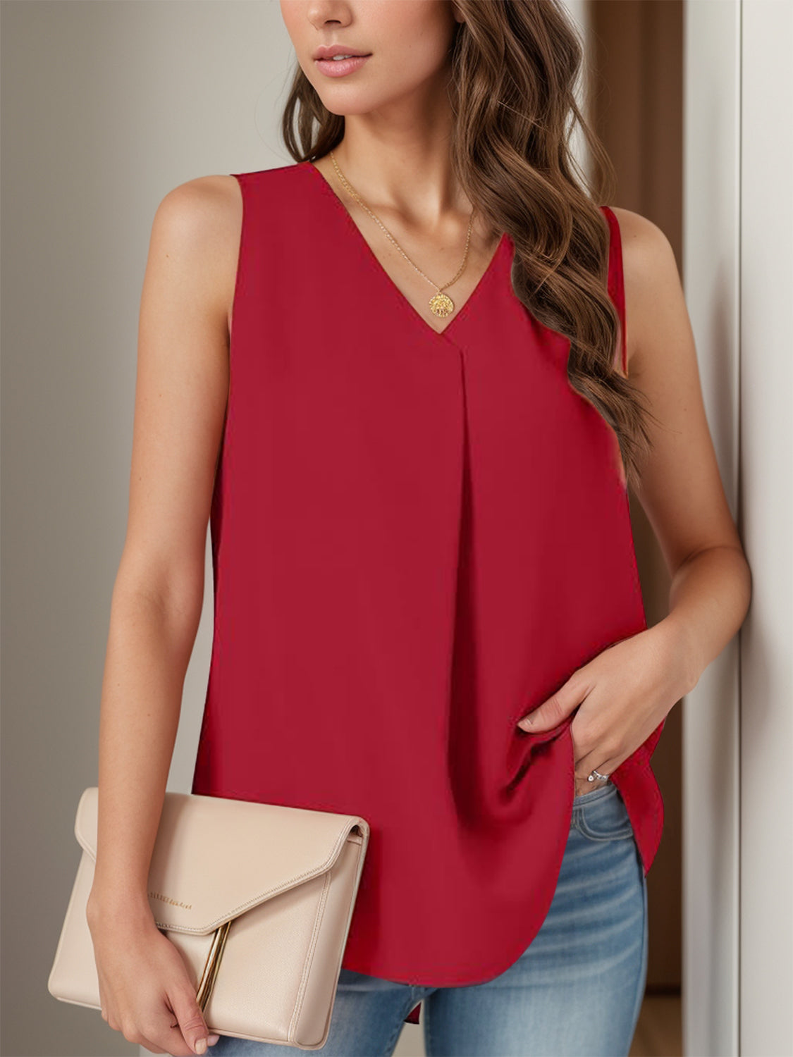 Full Size Ruched V-Neck Tank Deep Red