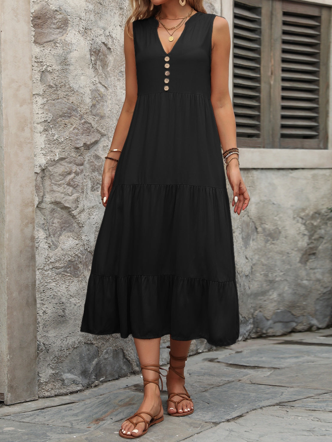 Cotton Sleeveless Dress with Decorative Buttons Black