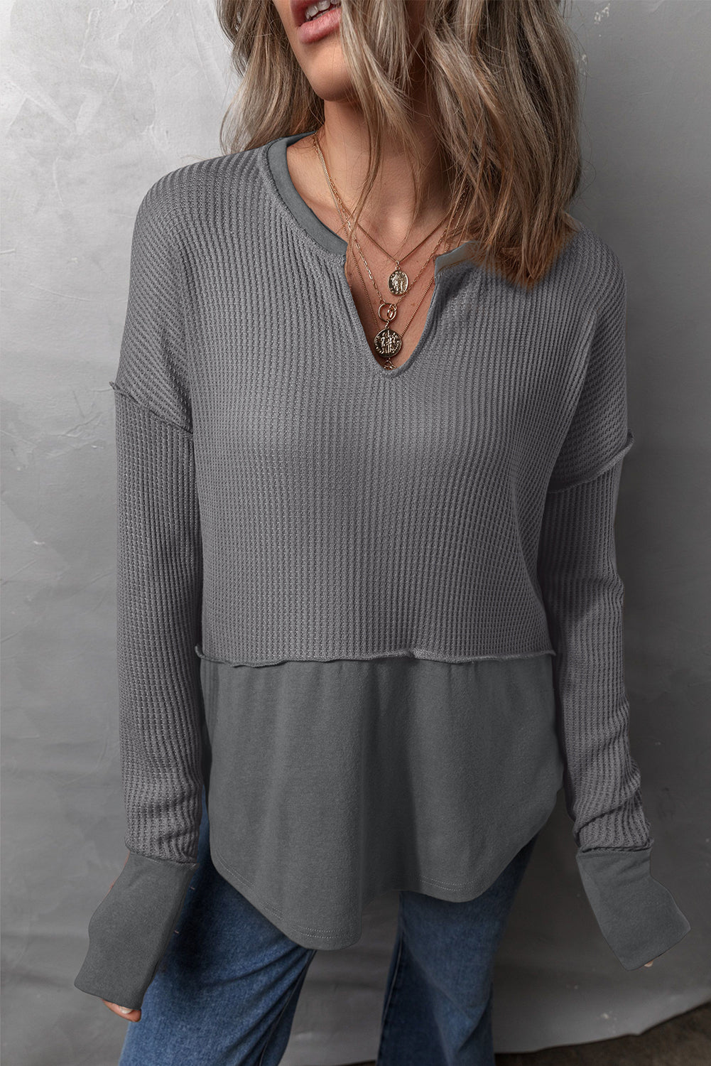 Waffle-Knit Exposed Seam Notched Long Sleeve Top