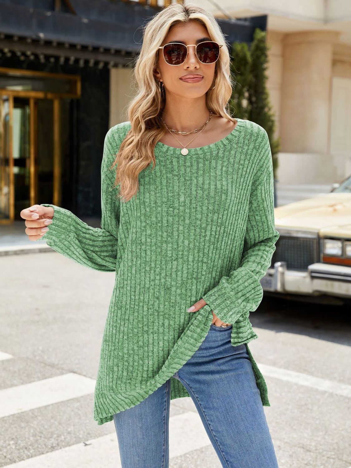 Round Neck Long Sleeve T-Shirt Matcha Green