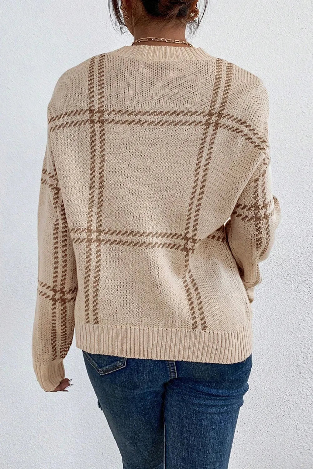 Plaid Round Neck Dropped Shoulder Sweater