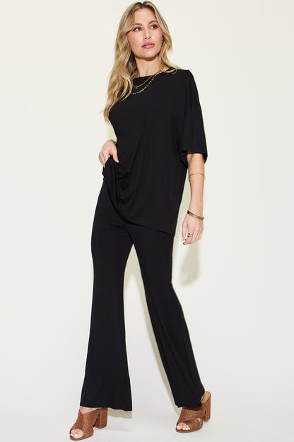 Comfy Bamboo Drop Shoulder Tee & Flare Pants Set