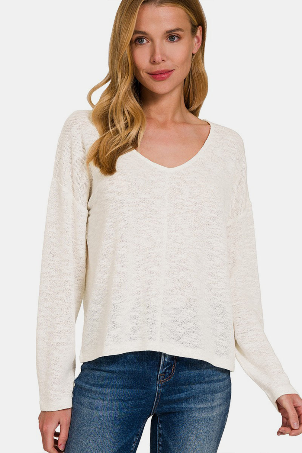 Zenana V-Neck Dropped Shoulder Long Sleeve T-Shirt Ivory