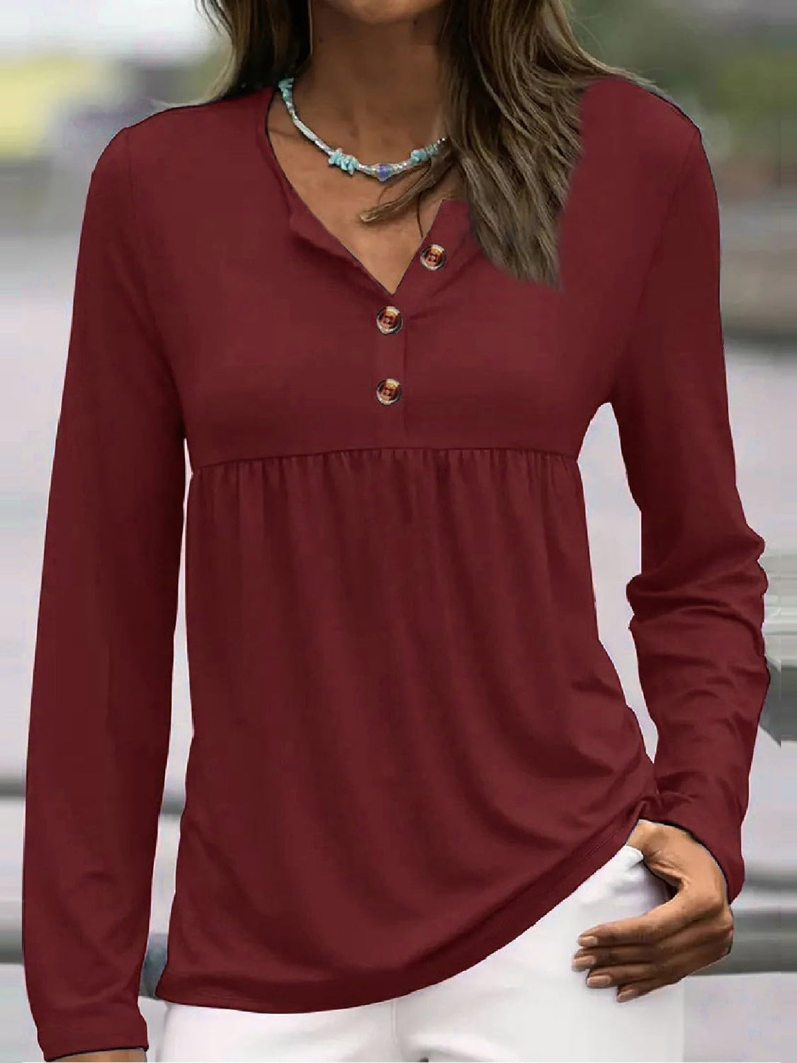 Half Button Long Sleeve T-Shirt Burgundy