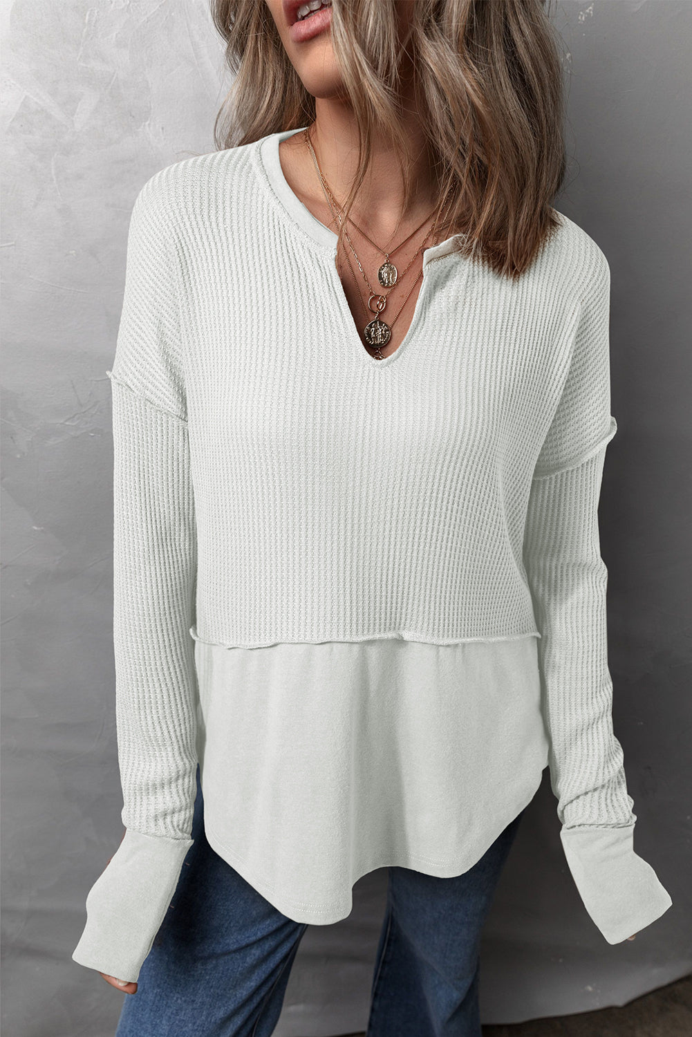 Waffle-Knit Exposed Seam Notched Long Sleeve Top White