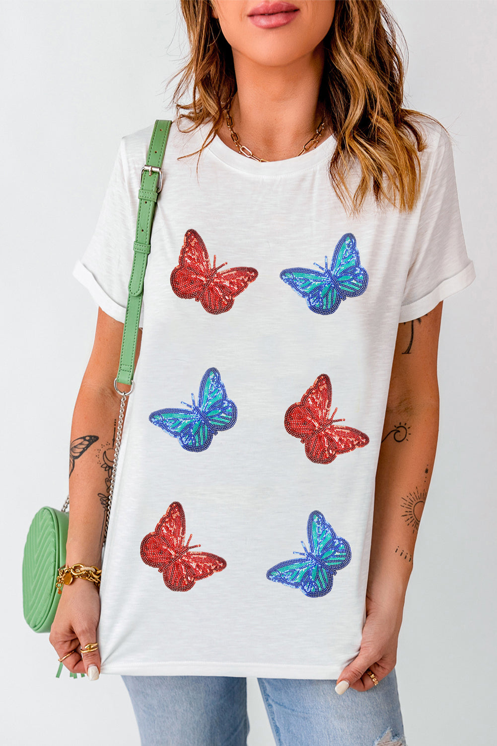 Sequin Butterfly Round Neck Short Sleeve T-Shirt White