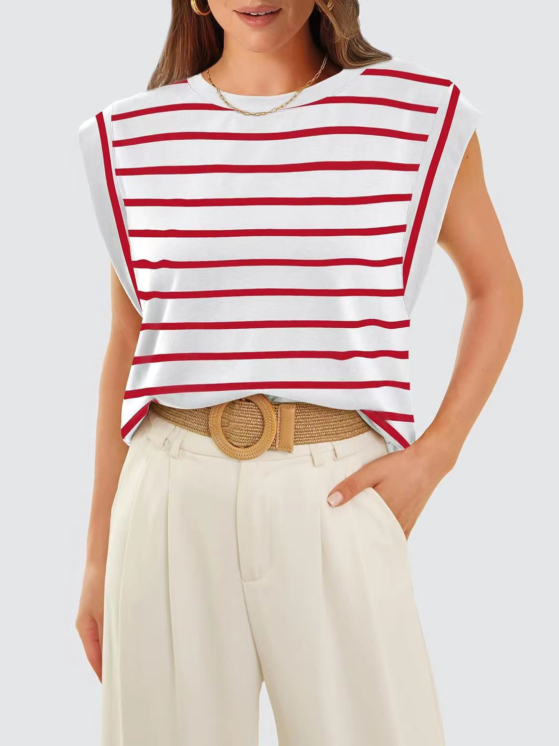 Striped Round Neck Cap Sleeve T-Shirt Red