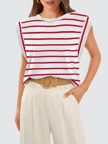 Striped Round Neck Cap Sleeve T-Shirt Red