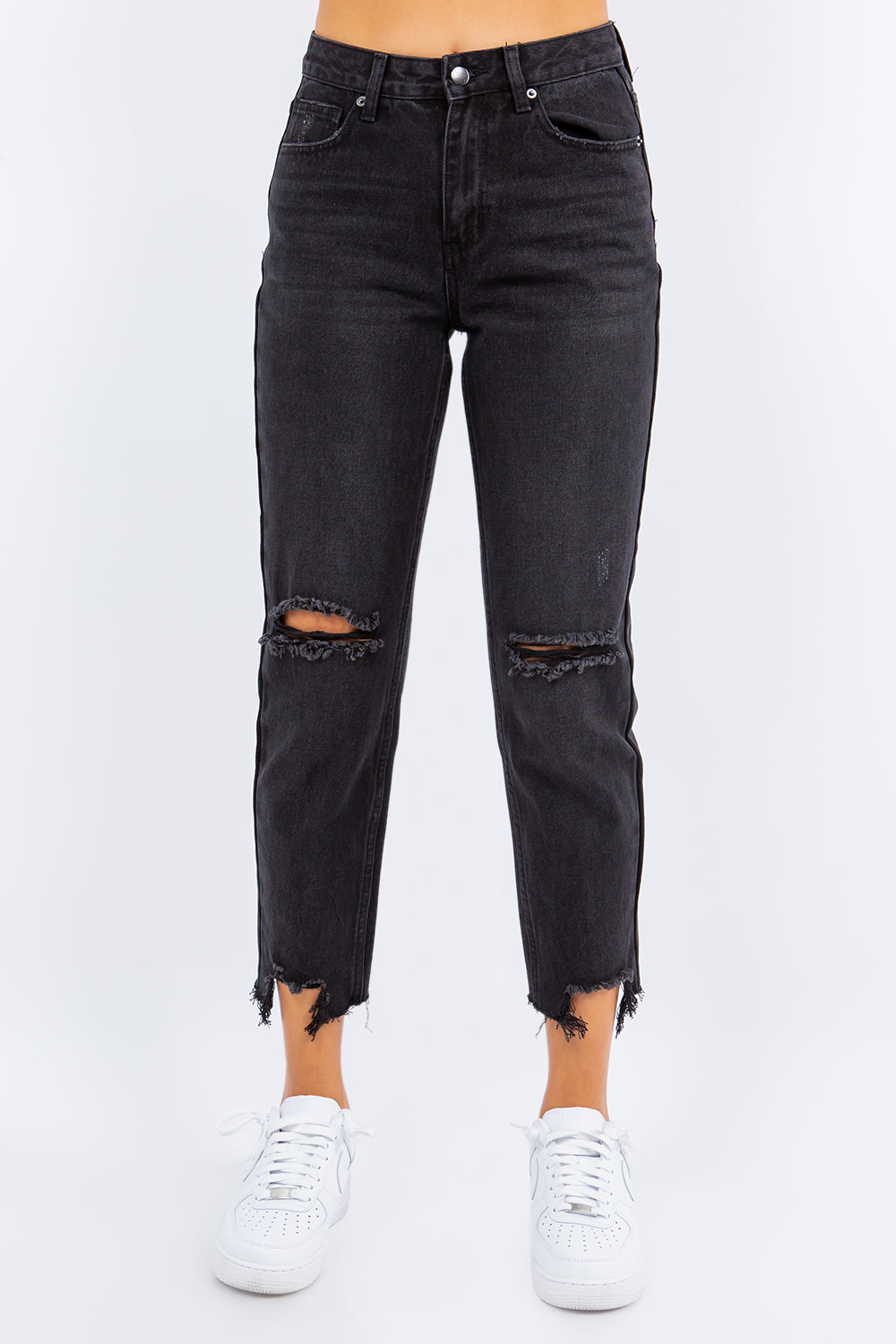 American Bazi High Waist Distressed Cropped Straight Jeans Black